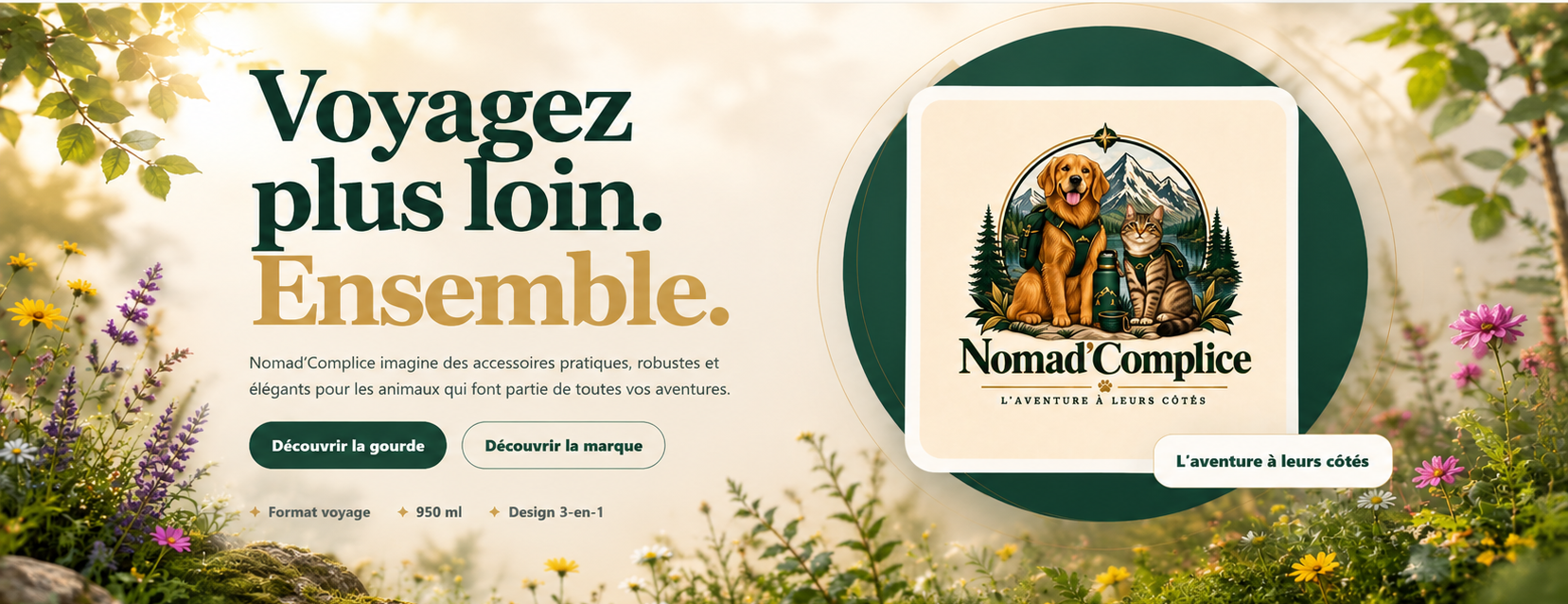 Accueil Nomad’Complice avec fond naturel fleuri et logo parfaitement droit