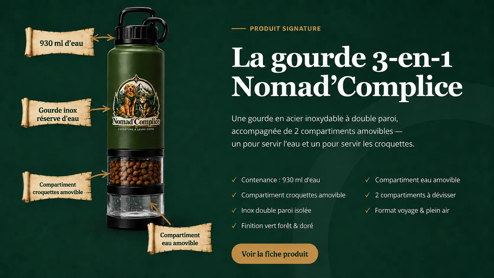 La gourde Nomad’Complice de 930 ml avec ses deux compartiments amovibles