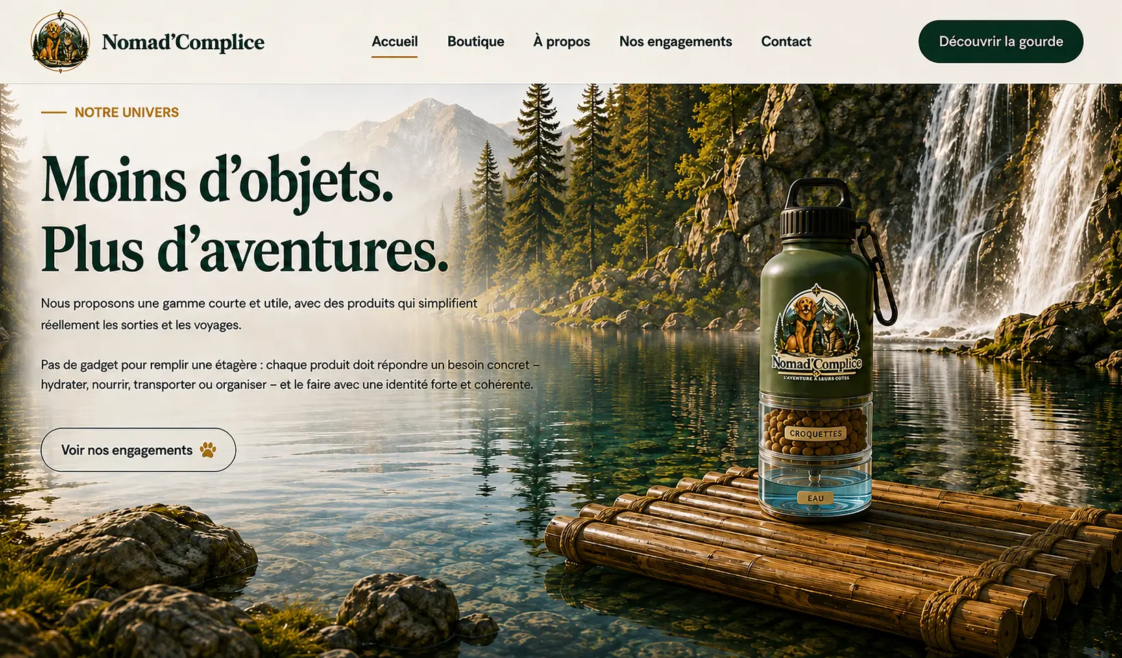 Section d’accueil Nomad’Complice avec cascade, lac, radeau et la mention Nous proposons une gamme courte et utile