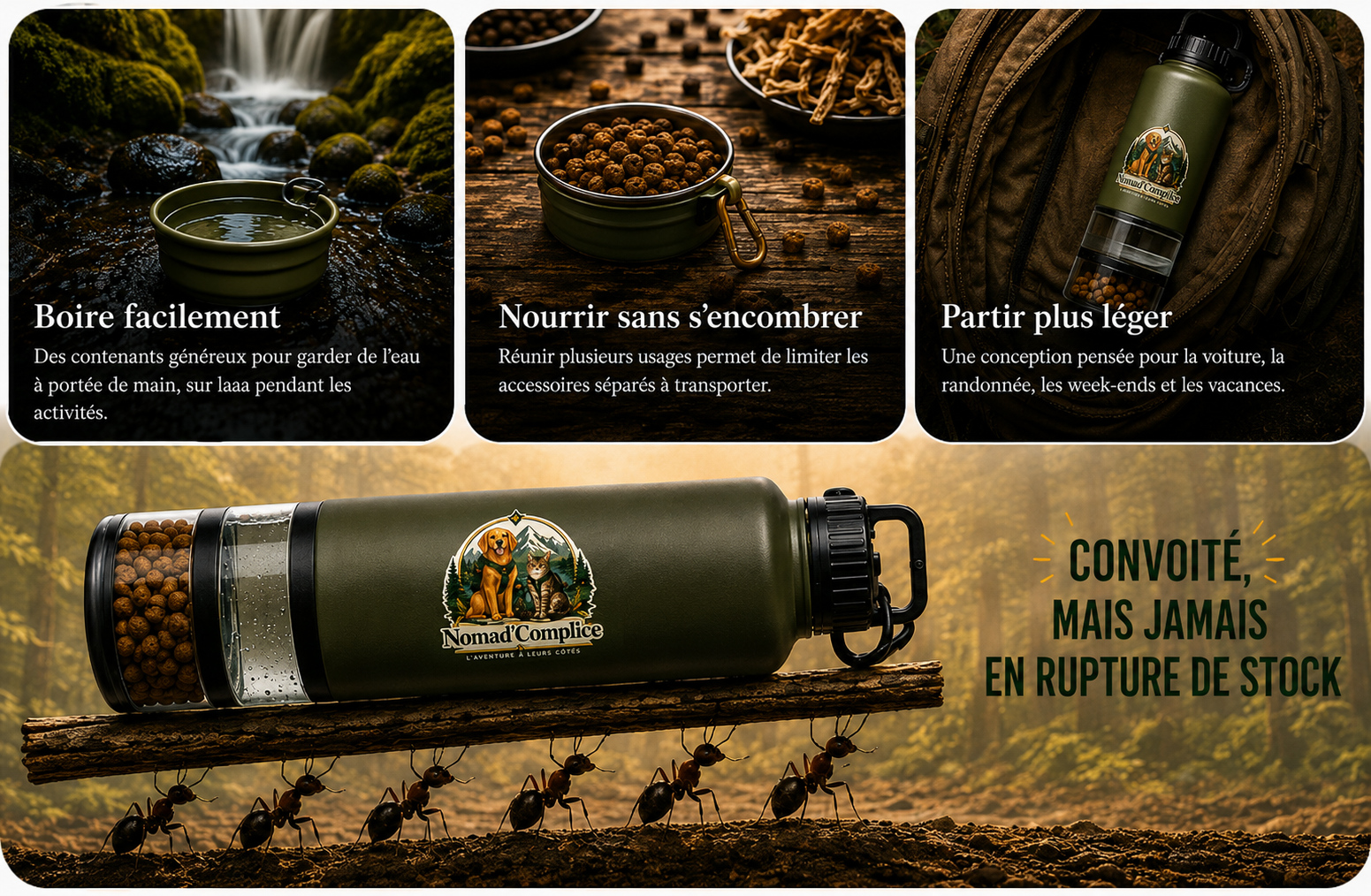 Forêt avec trois engagements et une procession de fourmis transportant une gourde Nomad’Complice, avec le slogan Convoité mais jamais en rupture de stock